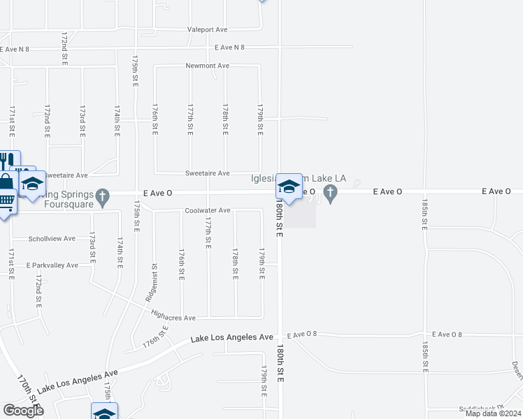 map of restaurants, bars, coffee shops, grocery stores, and more near 179th Street East in Palmdale
