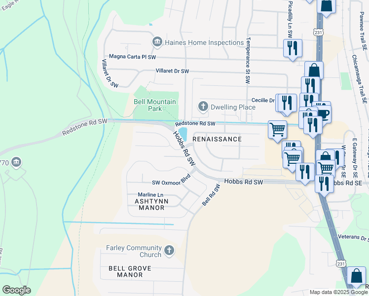 map of restaurants, bars, coffee shops, grocery stores, and more near 2231 Towne Park Drive Southwest in Huntsville