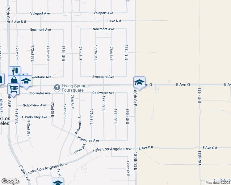 map of restaurants, bars, coffee shops, grocery stores, and more near 178th Street East in Palmdale