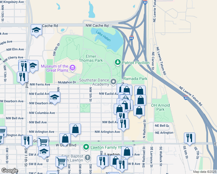 map of restaurants, bars, coffee shops, grocery stores, and more near 306 Northwest Ferris Avenue in Lawton