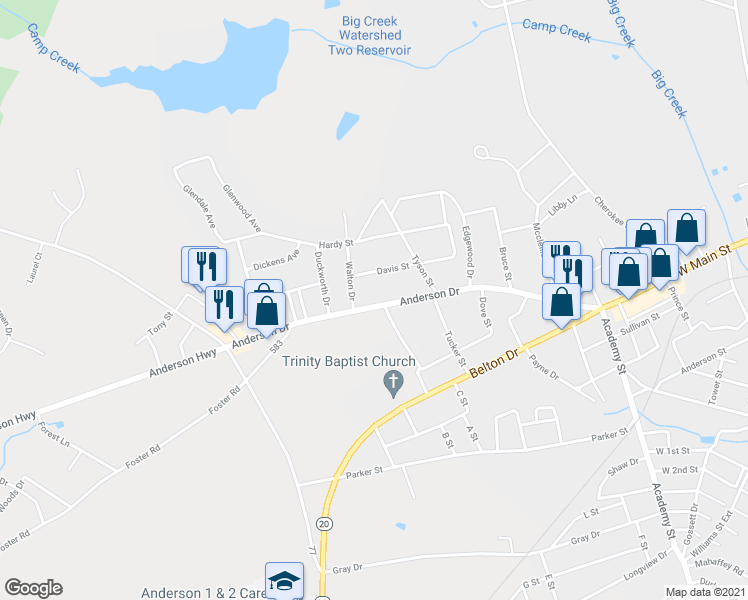 map of restaurants, bars, coffee shops, grocery stores, and more near 1102 Anderson Drive in Williamston