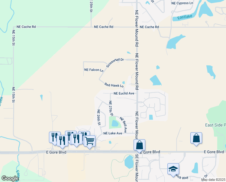 map of restaurants, bars, coffee shops, grocery stores, and more near 2622 Northeast Euclid Avenue in Lawton