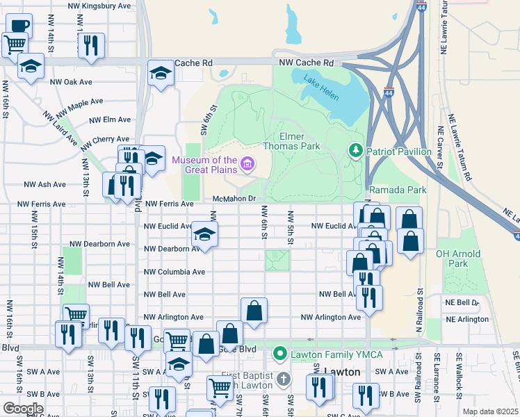 map of restaurants, bars, coffee shops, grocery stores, and more near 510 Northwest 6th Street in Lawton