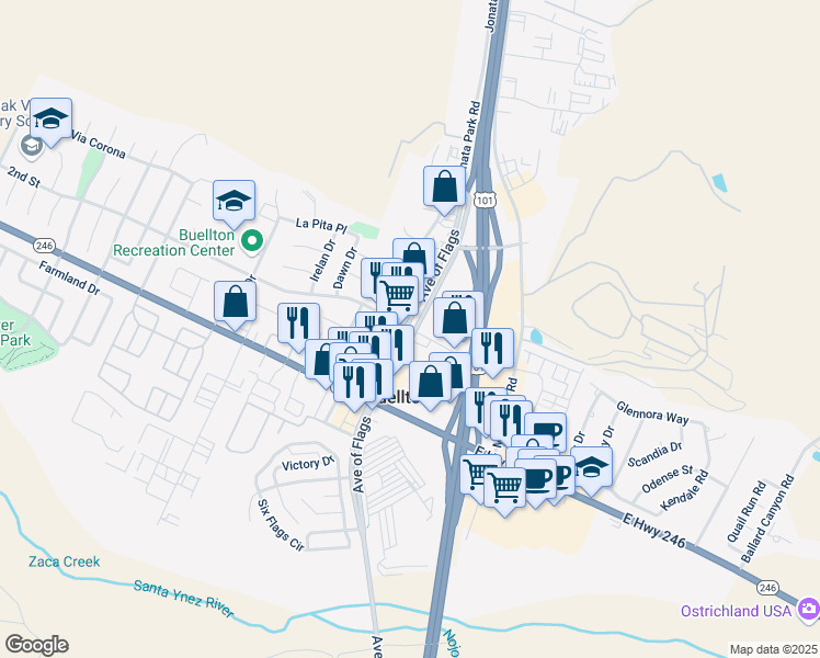 map of restaurants, bars, coffee shops, grocery stores, and more near 480 Avenue Of The Flags in Buellton