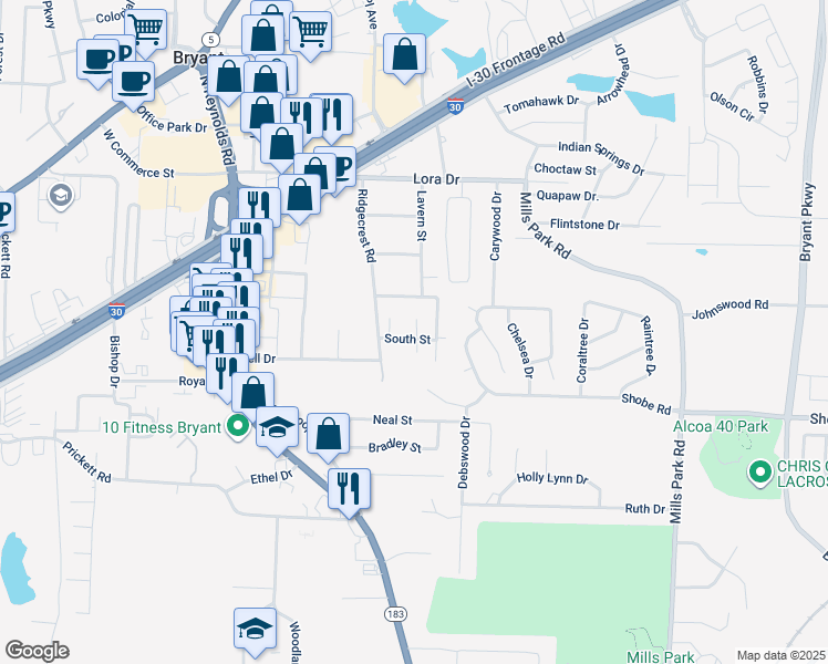map of restaurants, bars, coffee shops, grocery stores, and more near 510 South Street in Bryant