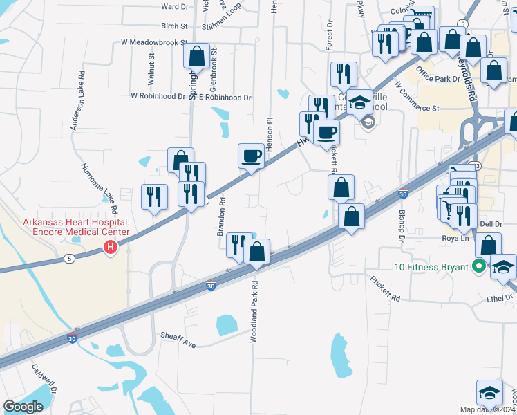 map of restaurants, bars, coffee shops, grocery stores, and more near 1916 Brandon Road in Bryant