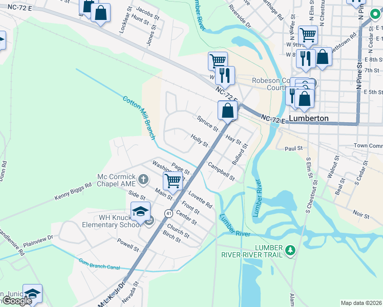 map of restaurants, bars, coffee shops, grocery stores, and more near 855 Spruce Street in Lumberton