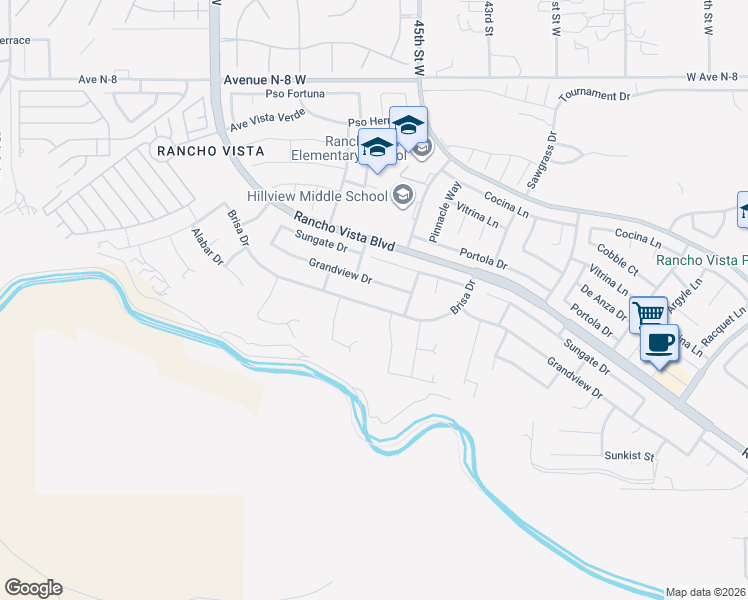 map of restaurants, bars, coffee shops, grocery stores, and more near 4565 Brisa Drive in Palmdale