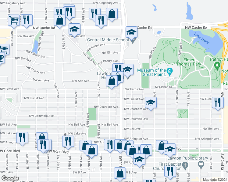 map of restaurants, bars, coffee shops, grocery stores, and more near 1108 Northwest Ferris Avenue in Lawton