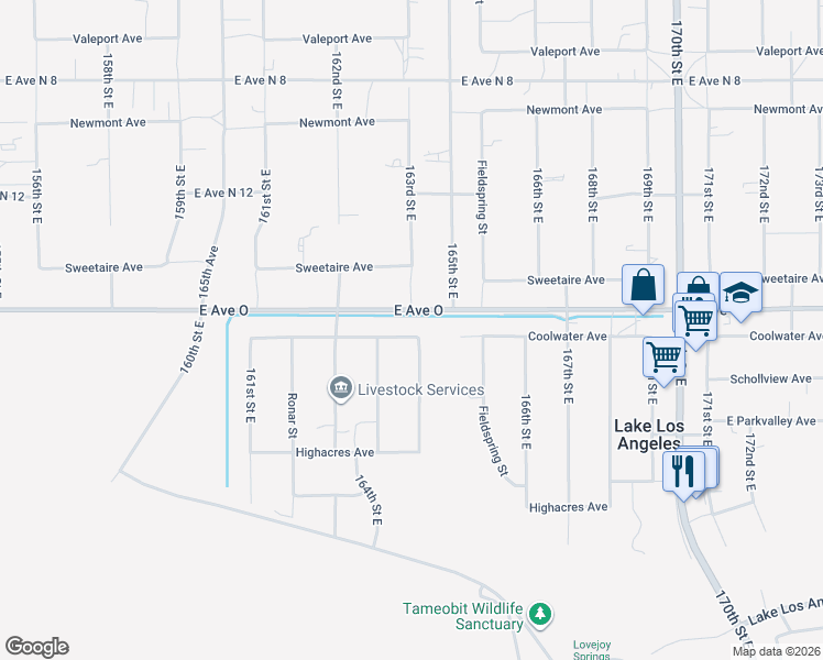 map of restaurants, bars, coffee shops, grocery stores, and more near 40346 165th Street East in Palmdale