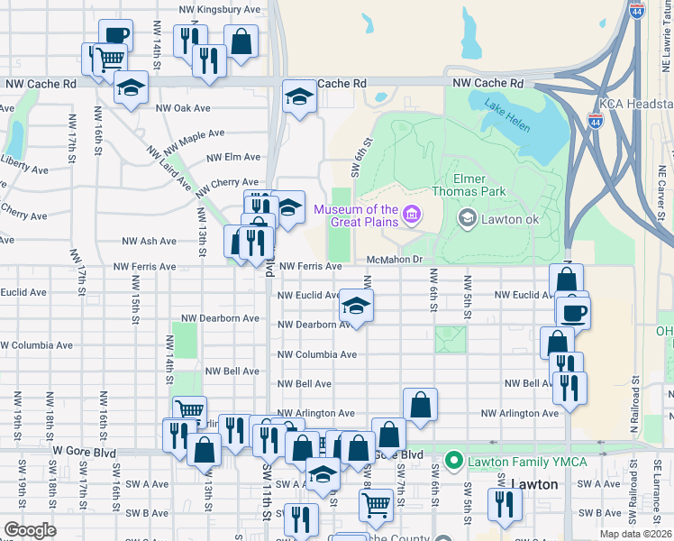 map of restaurants, bars, coffee shops, grocery stores, and more near 816 Northwest Ferris Avenue in Lawton