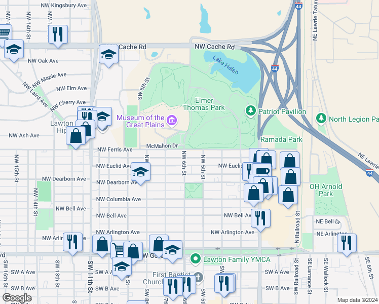 map of restaurants, bars, coffee shops, grocery stores, and more near 510 Northwest 6th Street in Lawton