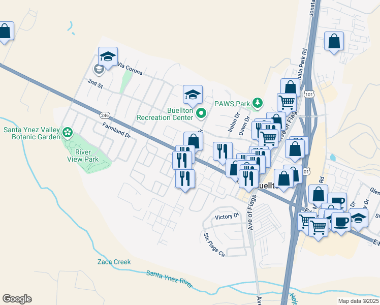 map of restaurants, bars, coffee shops, grocery stores, and more near 291 Industrial Way in Buellton