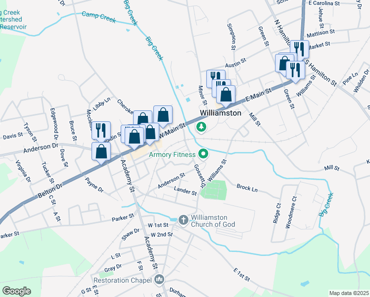 map of restaurants, bars, coffee shops, grocery stores, and more near 114 Gossett Drive in Williamston