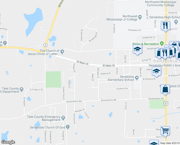 map of restaurants, bars, coffee shops, grocery stores, and more near 108 Nikki Drive in Senatobia