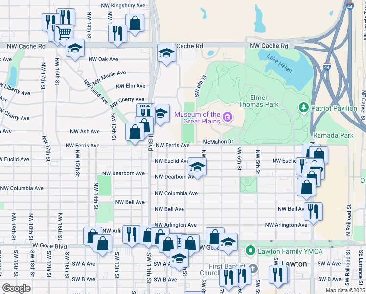 map of restaurants, bars, coffee shops, grocery stores, and more near 815 Northwest Euclid Avenue in Lawton
