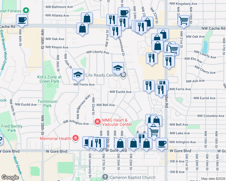 map of restaurants, bars, coffee shops, grocery stores, and more near 3008 Northwest Euclid Avenue in Lawton