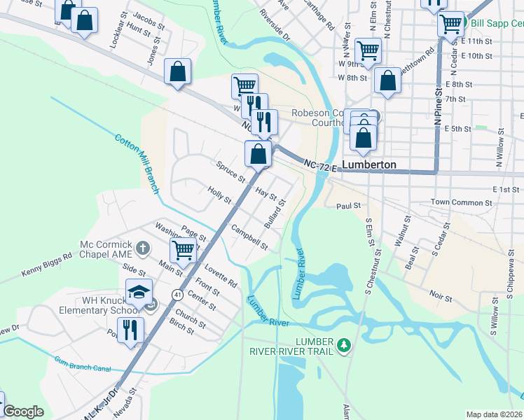 map of restaurants, bars, coffee shops, grocery stores, and more near 201-209 Kinlaw Street in Lumberton