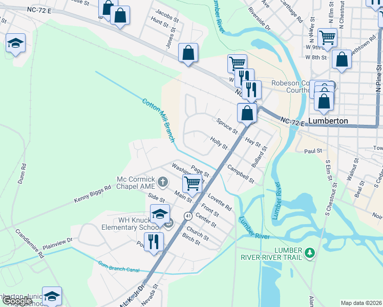 map of restaurants, bars, coffee shops, grocery stores, and more near 130 Page Street in Lumberton