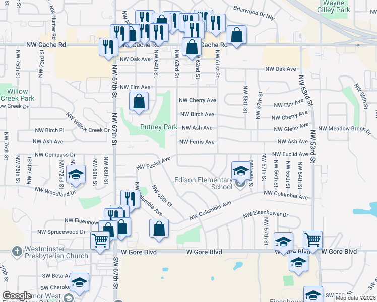 map of restaurants, bars, coffee shops, grocery stores, and more near 6127 Northwest Euclid Avenue in Lawton