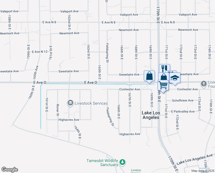 map of restaurants, bars, coffee shops, grocery stores, and more near 16520 East Avenue O in Lake Los Angeles