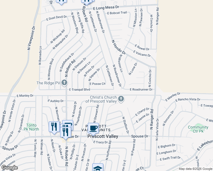 map of restaurants, bars, coffee shops, grocery stores, and more near 5020 North Cattlemen Drive in Prescott Valley