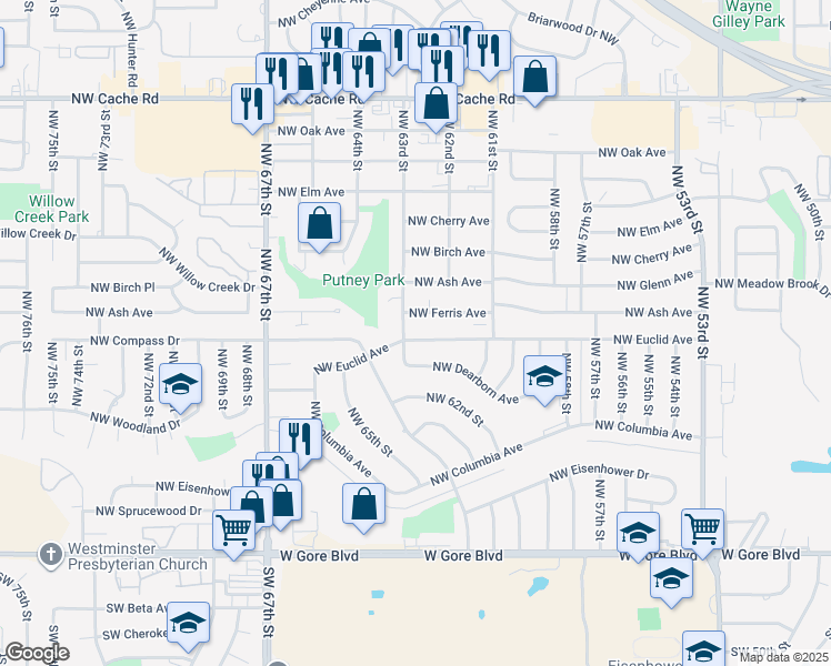 map of restaurants, bars, coffee shops, grocery stores, and more near 6133 Northwest Euclid Avenue in Lawton