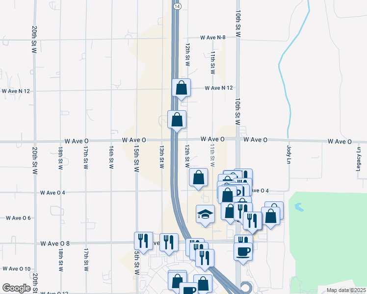 map of restaurants, bars, coffee shops, grocery stores, and more near 40304 12th Street West in Palmdale