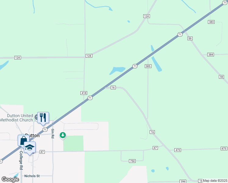 map of restaurants, bars, coffee shops, grocery stores, and more near 22 County Road 16 in Dutton