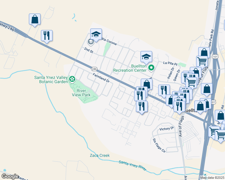 map of restaurants, bars, coffee shops, grocery stores, and more near 258 Dairyland Road in Buellton