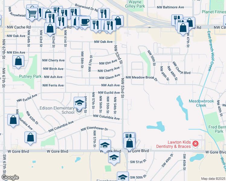 map of restaurants, bars, coffee shops, grocery stores, and more near 5311 Northwest Euclid Avenue in Lawton