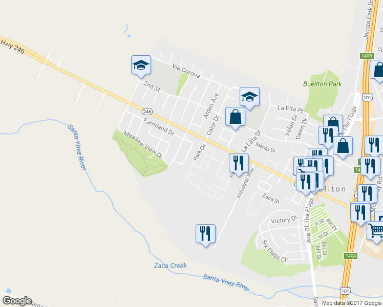 map of restaurants, bars, coffee shops, grocery stores, and more near 258 Dairyland Road in Buellton