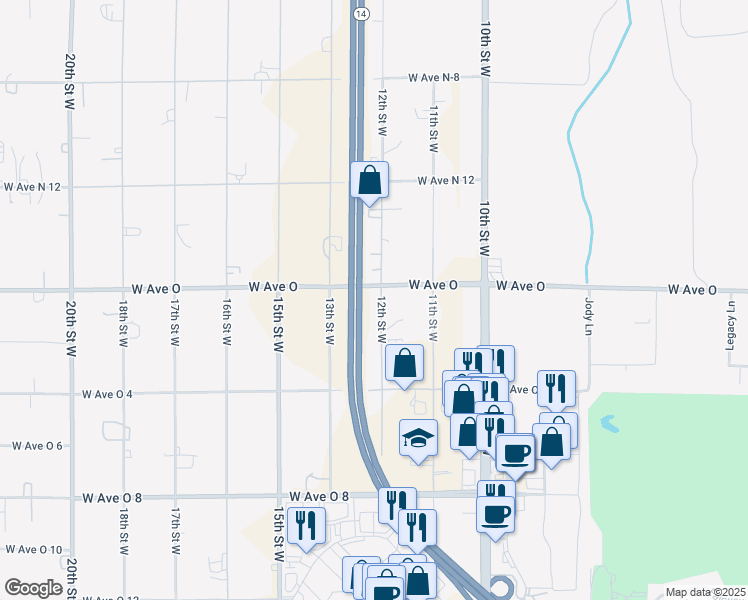 map of restaurants, bars, coffee shops, grocery stores, and more near 40304 12th Street West in Palmdale