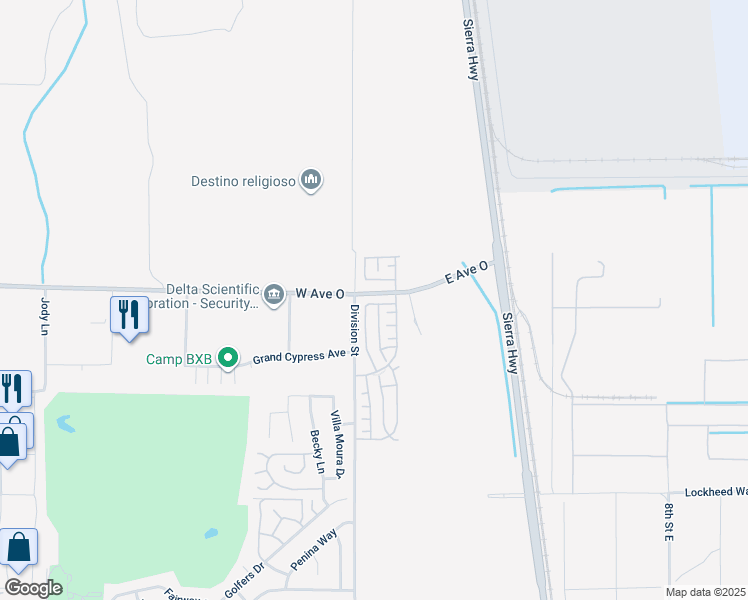 map of restaurants, bars, coffee shops, grocery stores, and more near 125 Asusena Drive in Palmdale