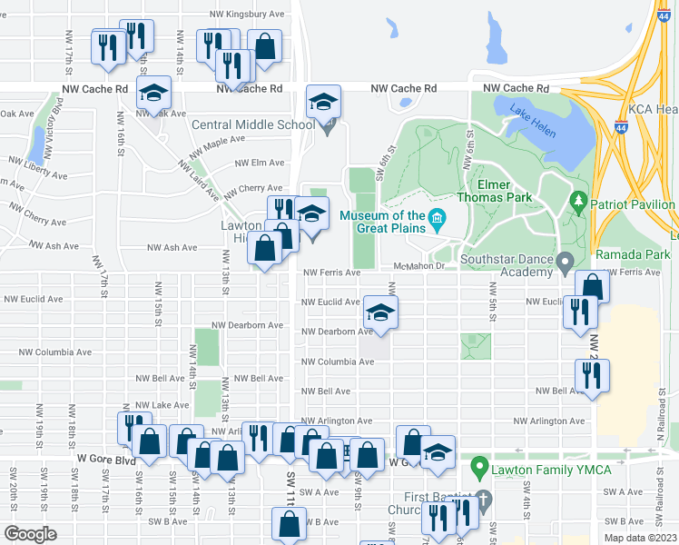 map of restaurants, bars, coffee shops, grocery stores, and more near 910 Northwest Ferris Avenue in Lawton