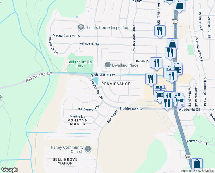map of restaurants, bars, coffee shops, grocery stores, and more near 2231 Rosebrooke Drive Southwest in Huntsville