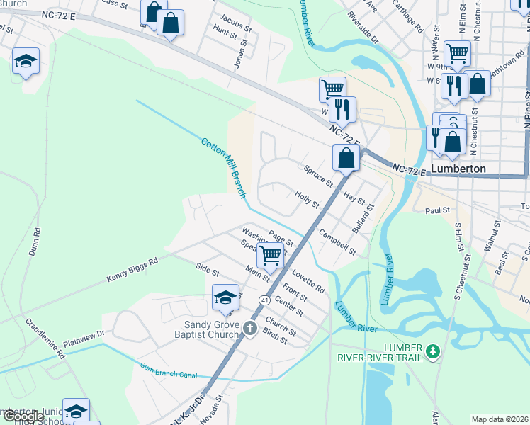 map of restaurants, bars, coffee shops, grocery stores, and more near 130 Page Street in Lumberton