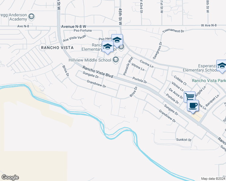 map of restaurants, bars, coffee shops, grocery stores, and more near 4532 Grandview Drive in Palmdale