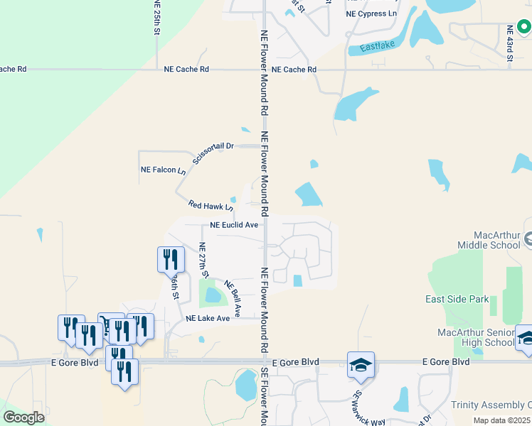 map of restaurants, bars, coffee shops, grocery stores, and more near 501 Northeast Flower Mound Road in Lawton