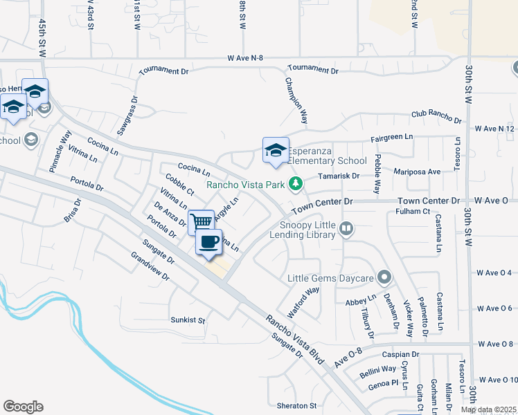 map of restaurants, bars, coffee shops, grocery stores, and more near 3726 Cocina Lane in Palmdale
