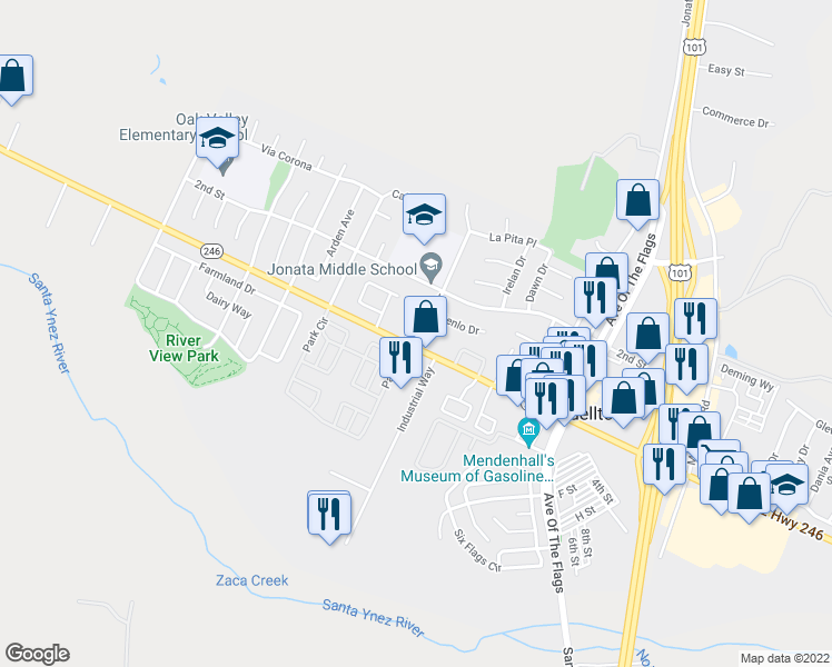 map of restaurants, bars, coffee shops, grocery stores, and more near 315 La Lata Drive in Buellton