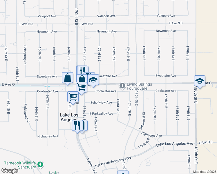 map of restaurants, bars, coffee shops, grocery stores, and more near Coolwater Avenue in Lake Los Angeles