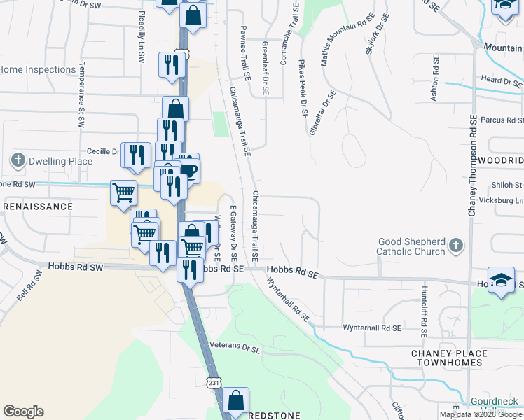 map of restaurants, bars, coffee shops, grocery stores, and more near 425 Stoney Branch Drive Southeast in Huntsville