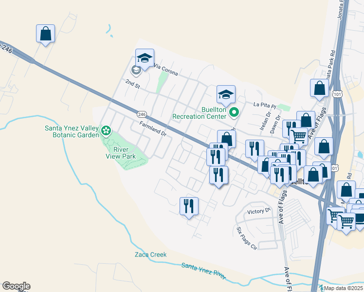 map of restaurants, bars, coffee shops, grocery stores, and more near 330 West Highway 246 in Buellton
