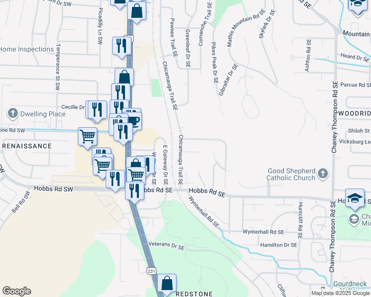 map of restaurants, bars, coffee shops, grocery stores, and more near 503 Carrsbrook Road Southeast in Huntsville