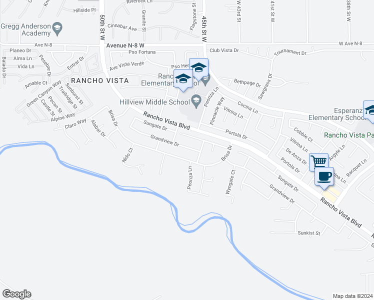map of restaurants, bars, coffee shops, grocery stores, and more near 4546 Grandview Drive in Palmdale