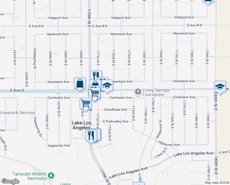 map of restaurants, bars, coffee shops, grocery stores, and more near East Avenue O in Lake Los Angeles
