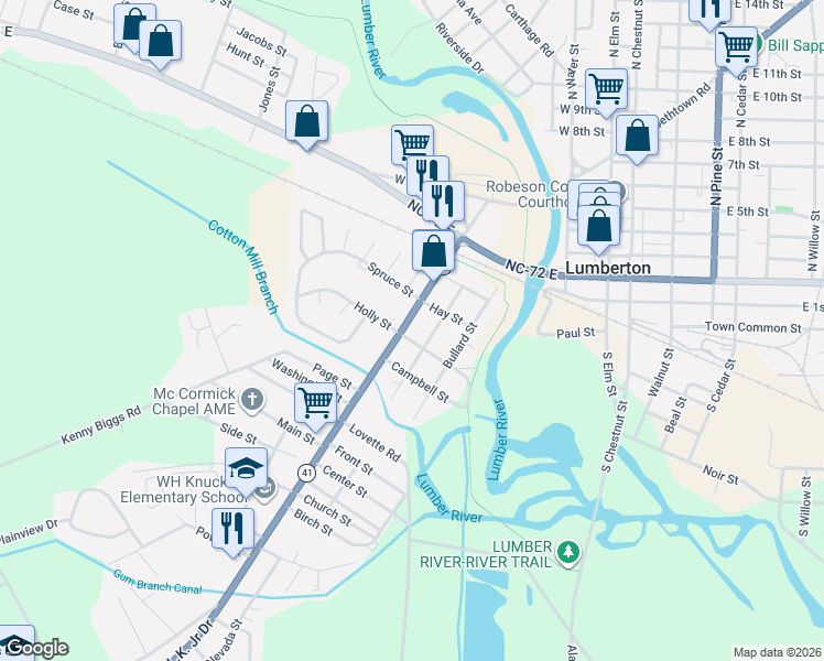 map of restaurants, bars, coffee shops, grocery stores, and more near 701-809 Martin Luther King Junior Drive in Lumberton
