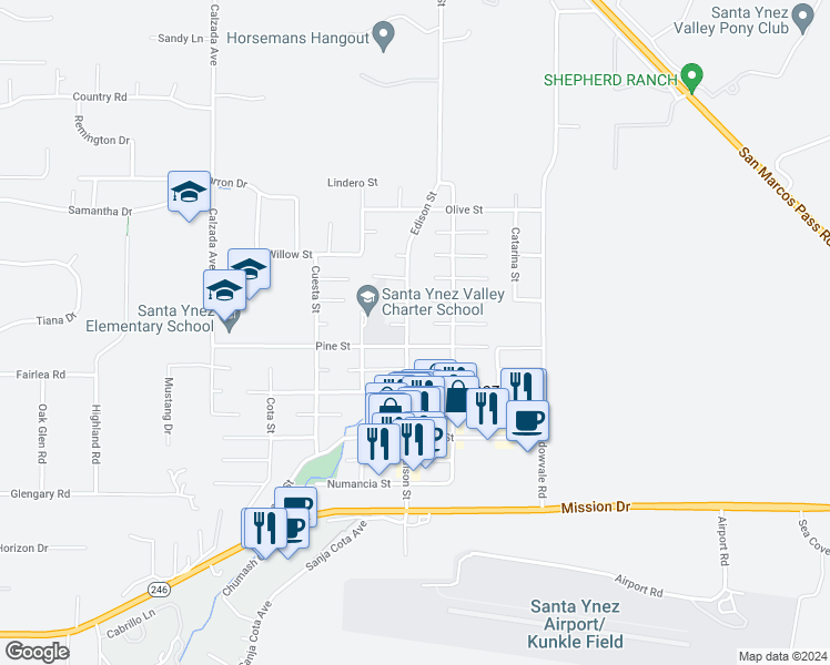 map of restaurants, bars, coffee shops, grocery stores, and more near 1210 Edison Street in Santa Ynez