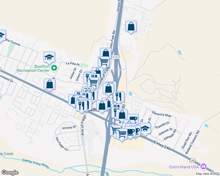 map of restaurants, bars, coffee shops, grocery stores, and more near 82 2nd Street in Buellton